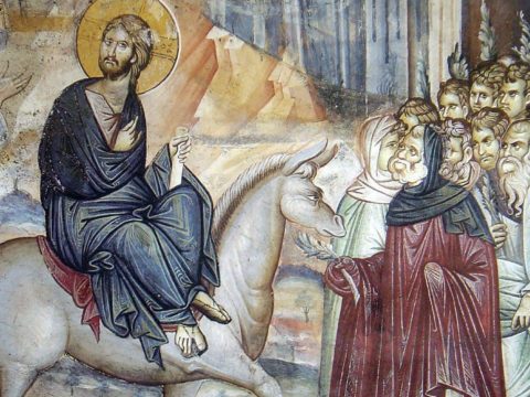 Вход Господень во Иерусалим. Фреска ватопетского монастыря.